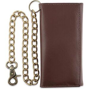 Men's Tri-fold Long Style Cowhide crazy horse Leather Steel Chain Wallet